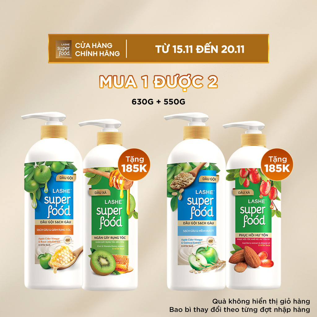 Combo Dầu Gội LASHE SUPERFOOD Sạch Gàu 630G + Tặng Dầu Xả LASHE SUPERFOOD 550G
