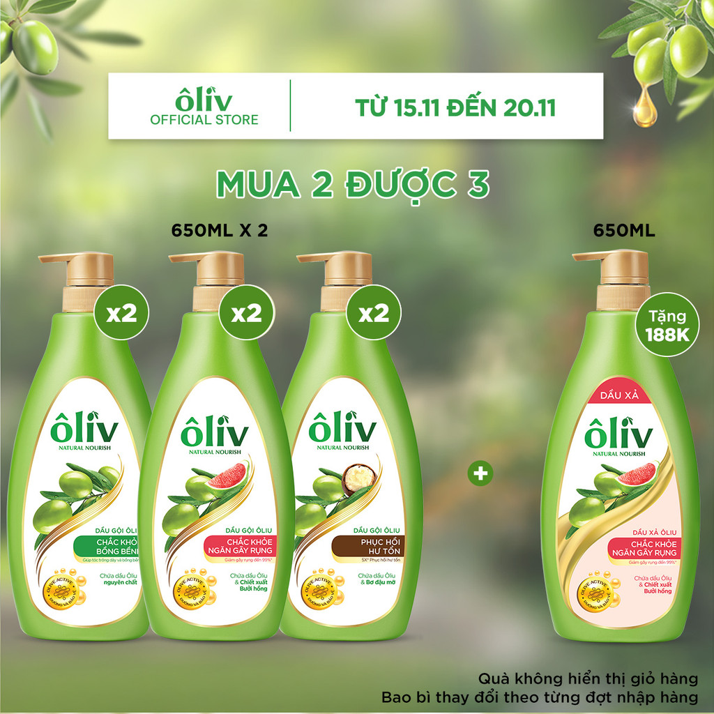 Combo 2 Dầu Gội Ôliv 650MLx2 + Tặng Dầu Xả Ôliv Dưỡng Tóc Chắc Khỏe 650ML
