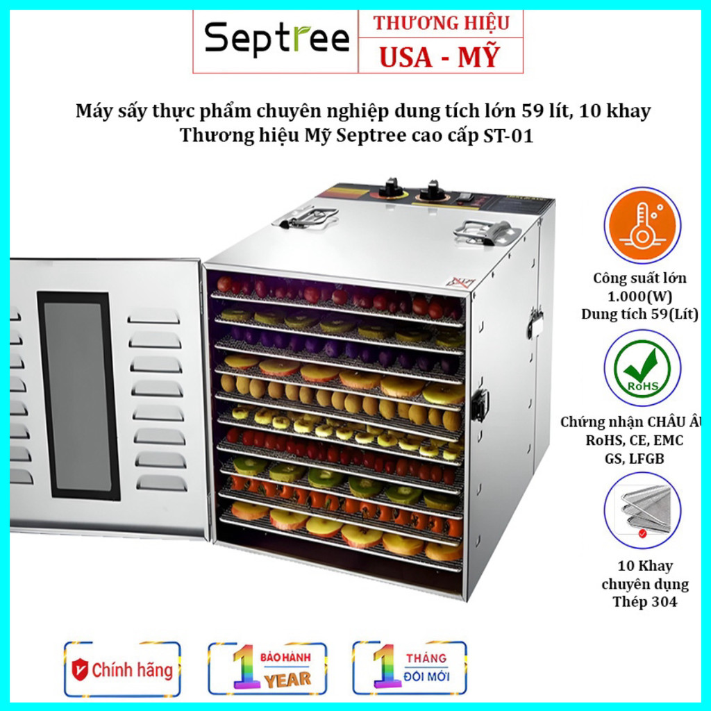 Máy Sấy Thực Phẩm 10 Khay INOX 59 lít Septree ST-01 Thương Hiệu Mỹ, 1000W - BẢO HÀNH 12 THÁNG