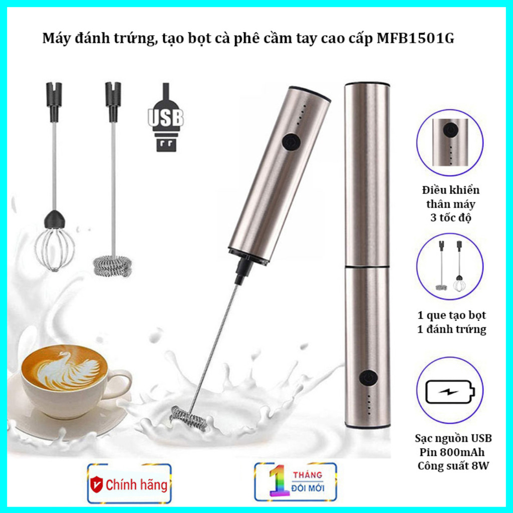 Máy đánh trứng, tạo bọt cà phê cầm tay cao cấp  Tích hợp 3 tốc độ mã MFB1501G - BẢO HÀNH 3 THÁNG