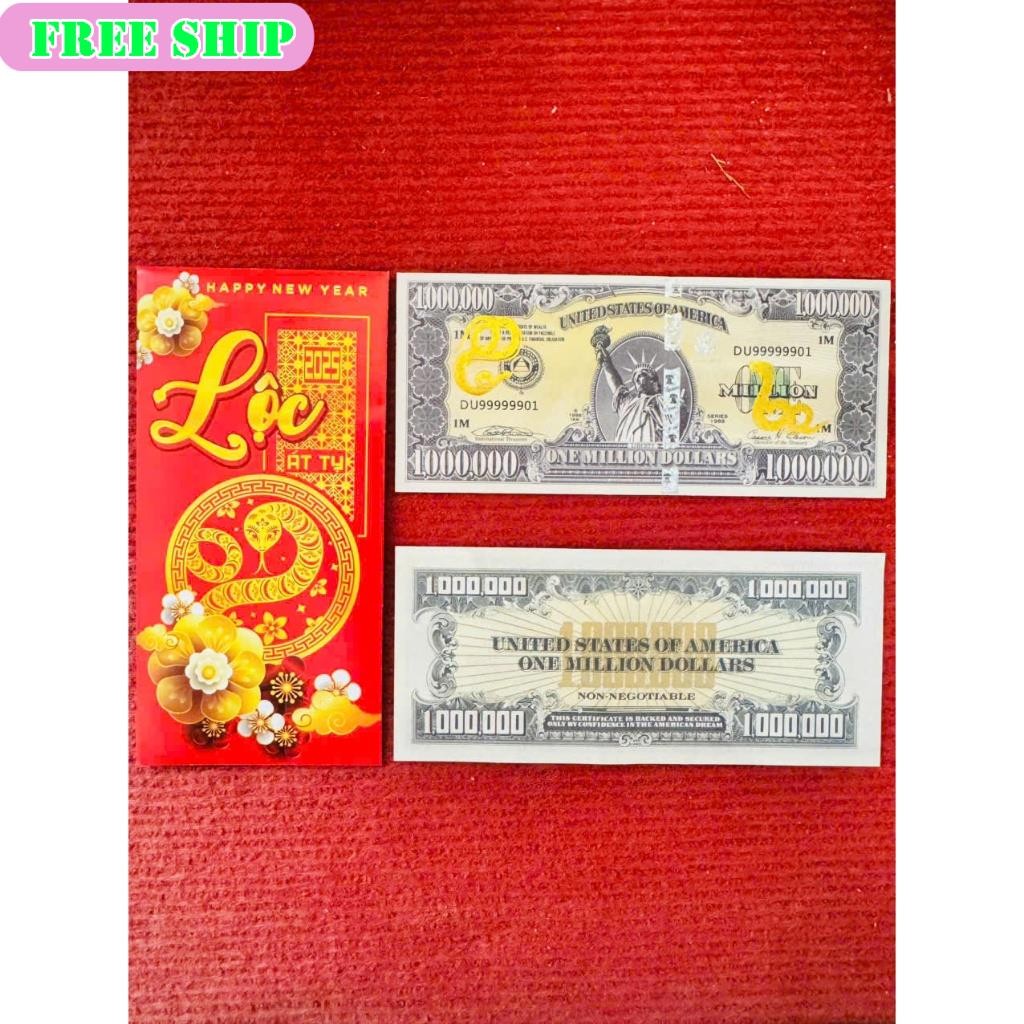 [CHLX] Lì xì tết 2025 Combo 2 tờ Tiền Hình Con rắn 1 Triệu USD lưu niệm 2025 tặng bao đỏ may mắn 202