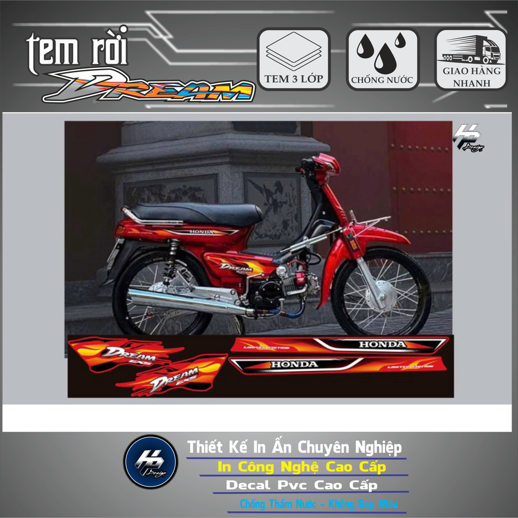tem lửa chế xe Dream lùn đỏ cendy- tem in vi tính cao cấp in chất liệu decal trắng 3 lớp không bay m