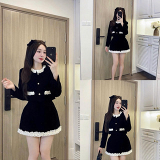 Set Bộ Đồ Nữ Áo Nhung Phối Ren, Mix Chân Váy Dáng A Siêu Xinh [Freeship]