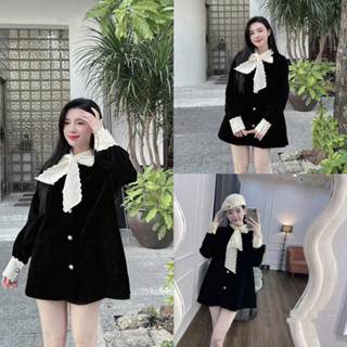 Váy Nhung Cổ Nơ Ren,Chất Nhung Cứng May 2 Lớp Cao Cấp [Freeship]