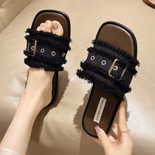 Dép lê nữ thời trang kiểu bệt đế thấp quai vải tua rua có khoá mũi vuông girl phố lót da-giày dép 97