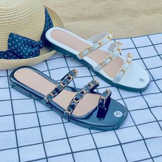 Dép xỏ ngón nữ quai ngang kiểu lê bệt thời trang đế thấp chất liệu da bóng quai xích êm chân đi biển-giày dép 555