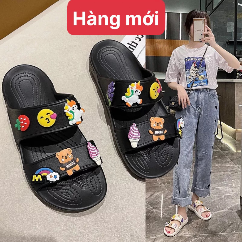 dép nữ quai ngang kiểu 2 quai cross gắn sticker chất liệu eva unisex ulzzang đi mưa nhẹ nhàng-giày dép 555