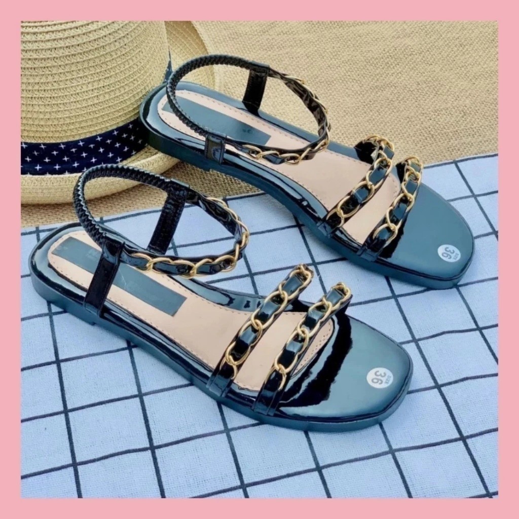 Dép sandal nữ dép quai hậu học sinh thời trang dễ đi làm da bóng đế thấp kiểu bệt chun girl phố-thế 
