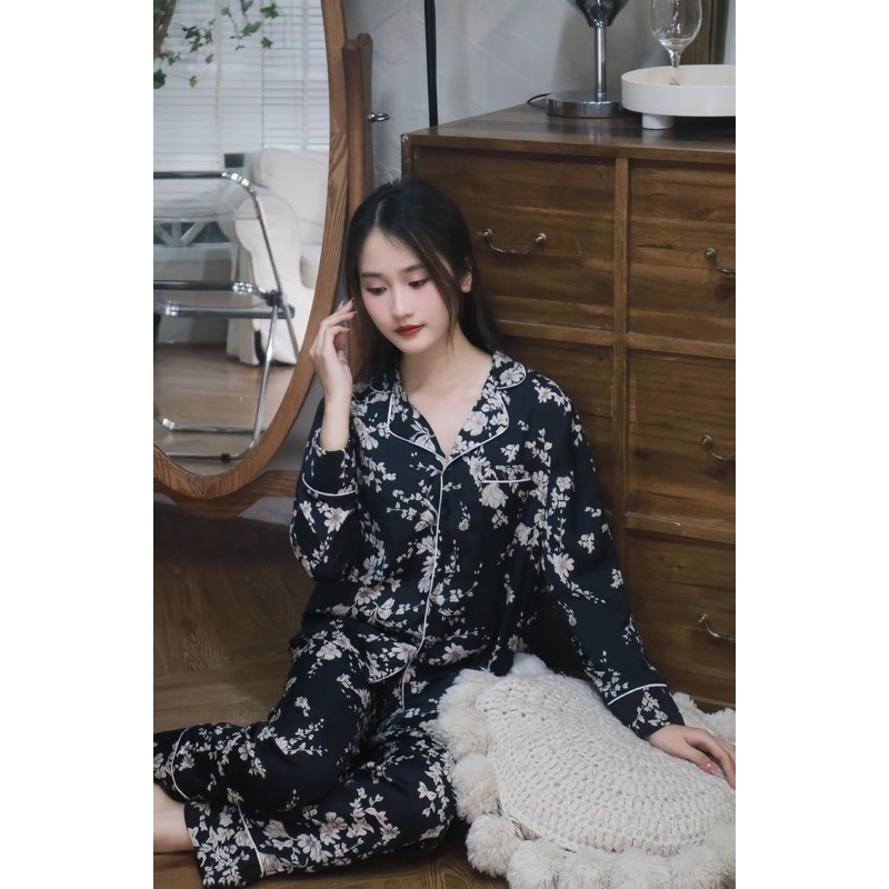 Bộ Ngủ Pajamas Nữ Lụa Cao Cấp Áo Tay Dài Quần Dài, Bộ Mặc Nhà Nữ Thu Đông Lụa Dài Tay WABI SABI
