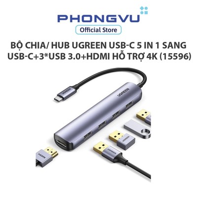 Bộ chia/ Hub Ugreen USB-C 5 in 1 sang USB-C+3*USB 3.0+HDMI hỗ trợ 4K (15596) - Bảo hành 18 tháng