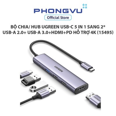 Bộ chia/ Hub Ugreen USB-C 5 in 1 sang 2*USB-A 2.0+ USB-A 3.0+HDMI+PD hỗ trợ 4K (15495) - Bảo hành 18 tháng