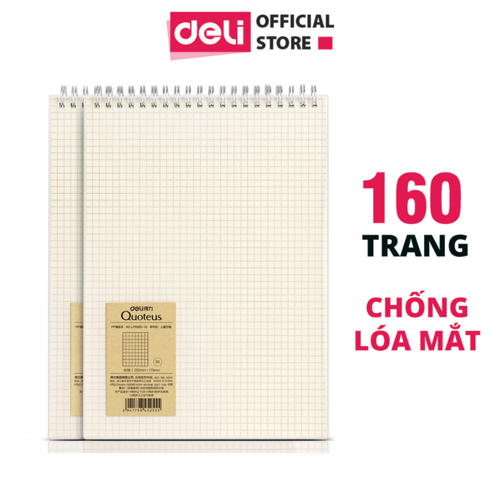 Sổ lò xo kép A5 B5 Deli Sổ bìa trong 160 trang dạng dọc giấy kẻ ngang caro chống lóa Viết callipraph