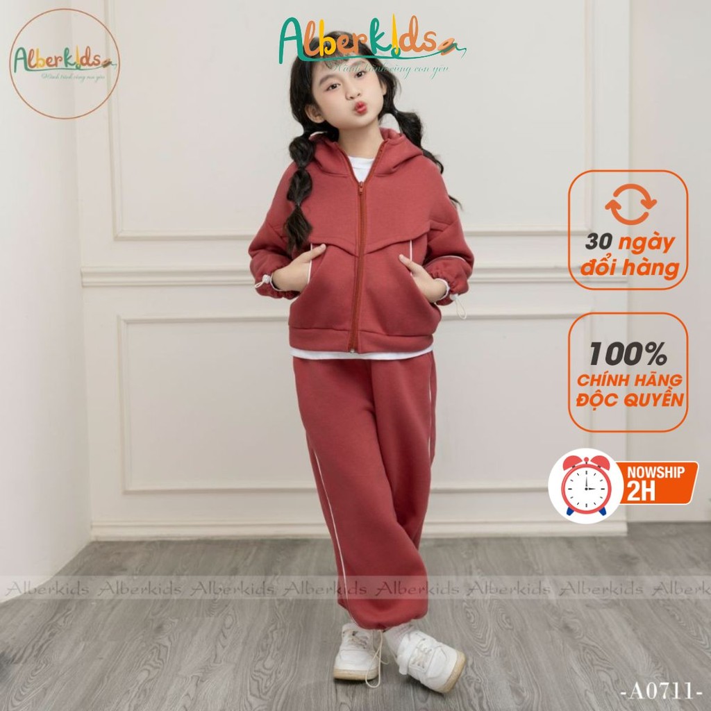 Bộ đồ nỉ bé gái ALBERKIDS có mũ mặc ấp áp mùa đông cho trẻ em 2,3,4,5,6,7,8,9,10,11,12 tuổi A0711