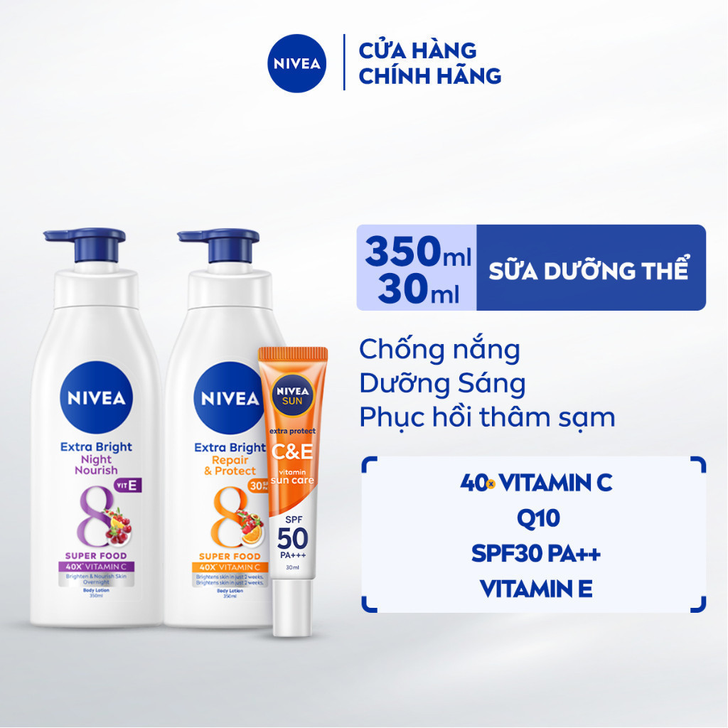 Bộ 3 Sữa Dưỡng Thể NIVEA Sáng Da Ngày và Đêm 350ml và Serum Chống Nắng NIVEA SUN Vitamin C&E 30ml - 98412x2+88311+98318