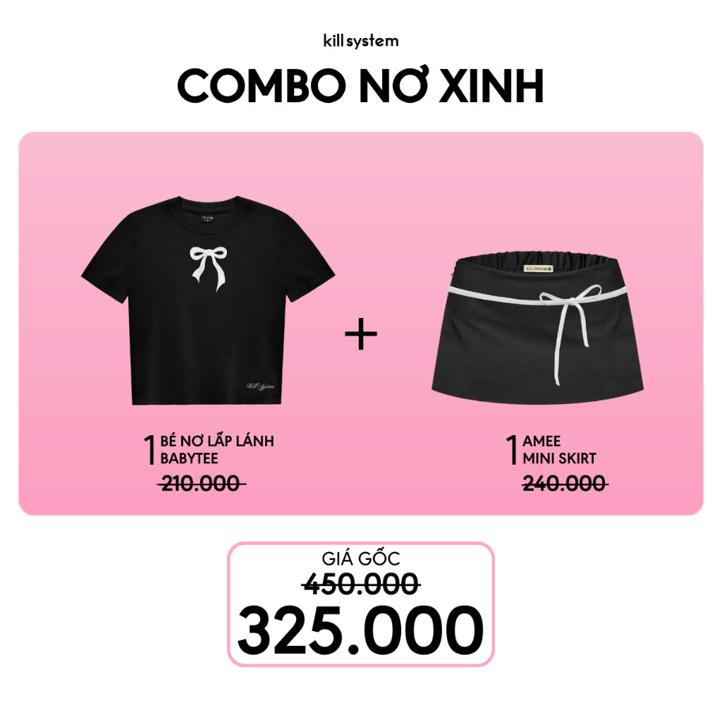 [COMBO GIÁ HỜI] Set 2 món 1 Áo Babytee Bé Nơ Lấp Lánh Đen + 1 Chân váy AMee Đen thắt nơ Taiduc Store