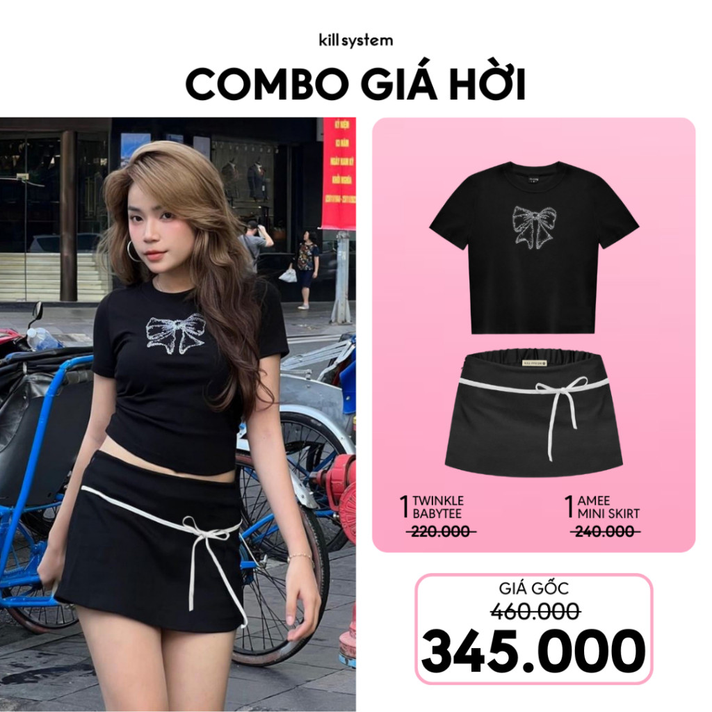 [COMBO GIÁ HỜI] Mua 1 Áo babytee Twinkle đính đá nơ và 1 Chân váy AMee màu Đen thắt nơ Taiduc Store