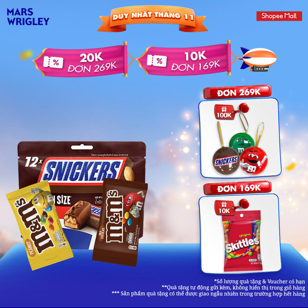 Combo Kẹo Sô Cô La Snicker 240g, M&M Sữa 180g, M&M Đậu Phộng 180g