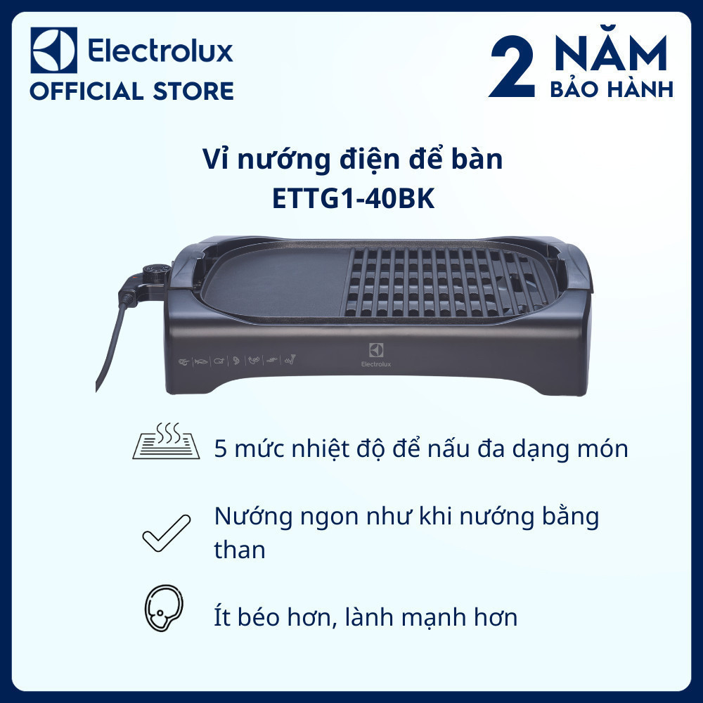 Vỉ nướng điện Electrolux để bàn Electrolux ETTG1-40BK - 5 mức nhiệt độ để nấu đa dạng món ăn ngon