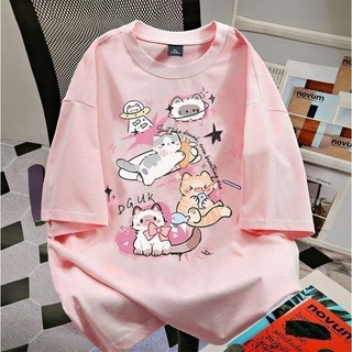 100% Cotton Ngọt Ngào Dễ Thương In Hình Mèo Con Oversize Top Nữ Unisex