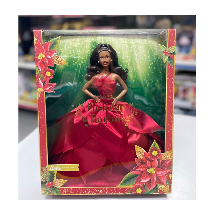 Đồ chơi búp bê Barbie Signature 2022 Collectible Holiday Doll with Dark Brown Hair & Poinsettia Gown