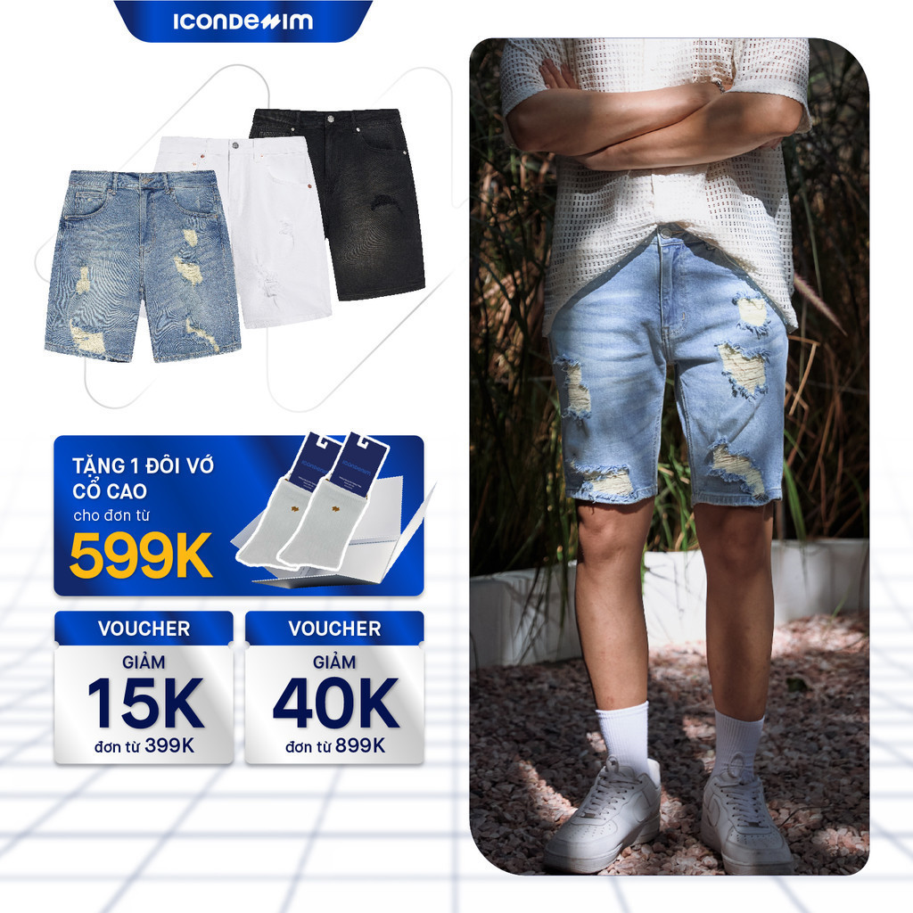 Quần short jeans nam ICON DENIM, quần đùi jean form slimfit, rách cá tính, 3 màu trắng - xanh nhạt - xám đậm - QSID0182