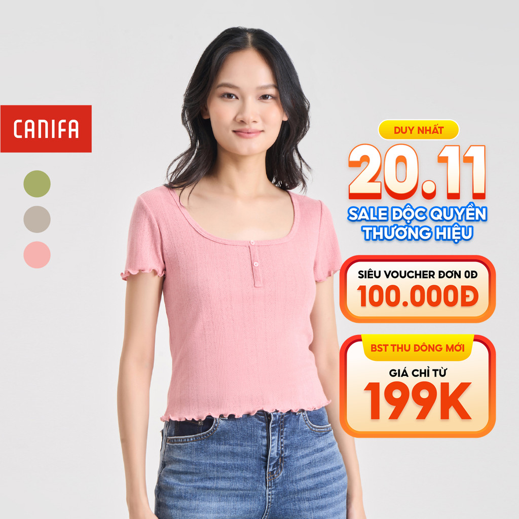Áo phông nữ CANIFA áo kiểu cổ rộng phối bèo cộc tay dáng ngắn 6TS24S005
