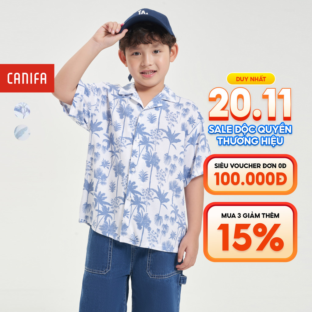 Áo sơ mi bé trai CANIFA cộc tay cổ bẻ in hoạ tiết mùa hè chất liệu mịn mát 2TH24S003