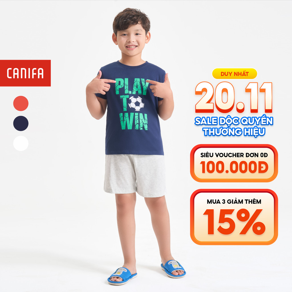 Bộ quần áo bé trai CANIFA bộ mặc nhà áo thun cộc tay quần đùi chất cotton pha 2LS24S002
