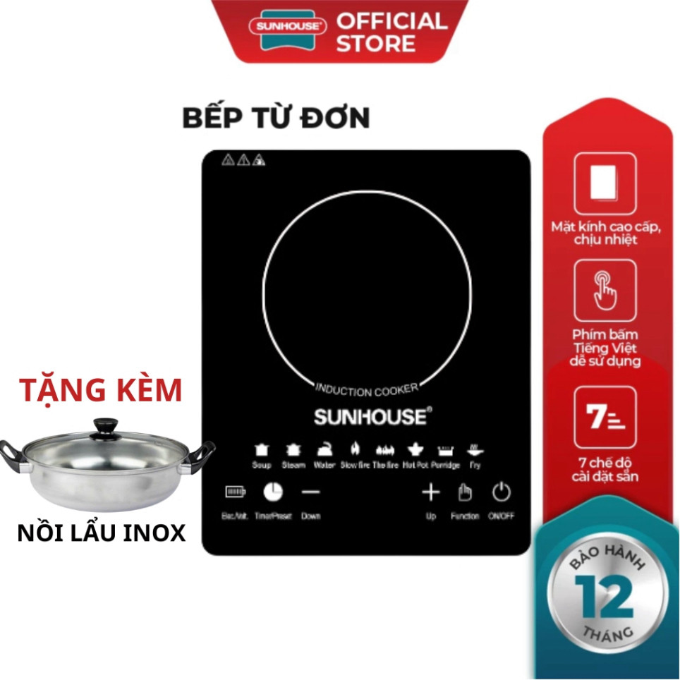 Bếp Từ SUNHOUSE Thế Hệ Mới - Bếp cảm ứng- Công suất 2200W Bảo Hành 2 Năm ( màu đỏ )