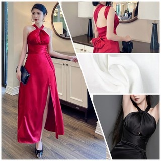 Đầm Dài Dự Tiệc lụa hở lưng Sexy Cổ Yếm Thắt Nơ Xẻ Tà Siêu Gợi Cảm BY8536
