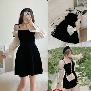 Đầm Xòe Trễ Vai Có Dây Tay Dài Phối Nơ Dáng Váy Ngắn Vải Cotton Lạnh BY8532