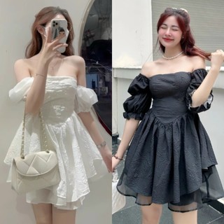 Đầm Xòe Nữ Dự Tiệc Trễ Vai Phối Lưng Thun Tay Phòng Tôn Eo Dáng Váy Ngắn Xoè nhẹ BY8531