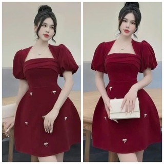Đầm Nhung Đỏ Mặc Tết kèm Tag Nơ Đá Xinh Xắn Amera BY8611