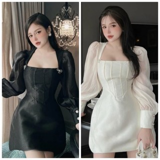 Đầm Dự Tiệc Cổ Vuông Tay Dài Chíp Eo Cao Cấp BY8619