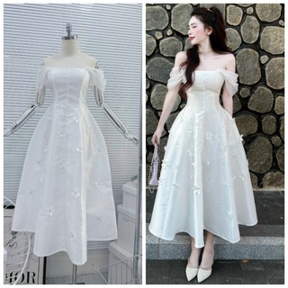 ĐẦM XÒE NỮ TRẮNG TAY LƯỚI GHÉP MẢNH ĐÍNH HOA NỔI BY8627