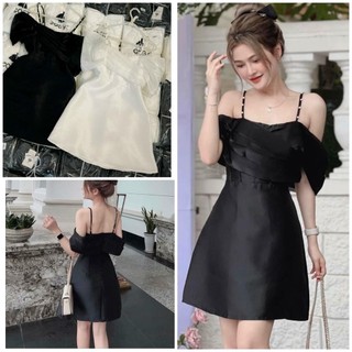 [Ảnh thật] Đầm Đen Phi Lụa Trắng Đen Cao Cấp Trễ Vai Phối Dây Dự Tiệc BY8416