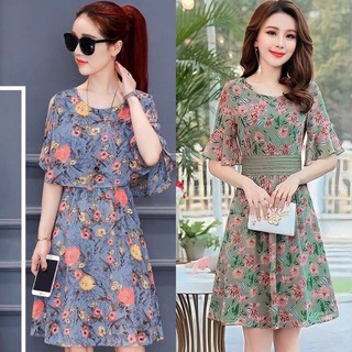 Váy Xoè Hoa Cổ Tròn Dự Tiệc Tay Phồng BY4336