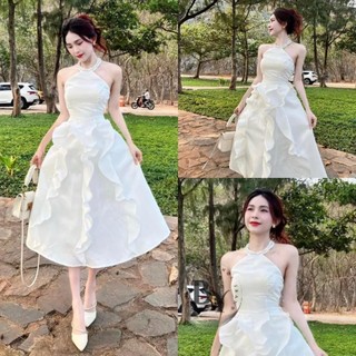 Đầm Váy Xòe Trắng Cổ Yếm Đính Cườm Tiểu Thư Dịu Dàng Nhẹ Nhàng Dạo Phố Dự Tiệc BY7183