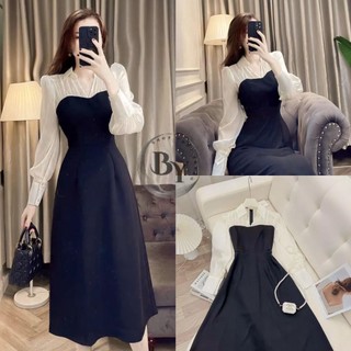 Đầm Váy Xòe Phối Voan Tơ Đen Phom Dài Dạo Phố Dự Tiệc BY7196