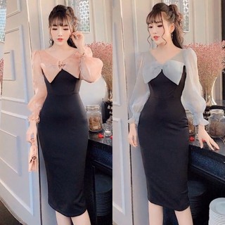 Đầm Body Cổ Nơ Tay Voan Hồng &  Xanh Dự Tiệc Dạo Phố BY8136