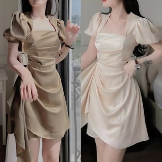 Đầm Váy Phi Lụa Bóng Sang Trọng 2 Màu Trắng Nude Và Nâu Dự Tiệc BY7119