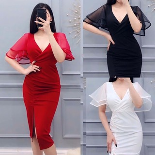 Đầm Nữ Body Xẻ Vai Cánh Sen Trắng Đen Đỏ BY8124