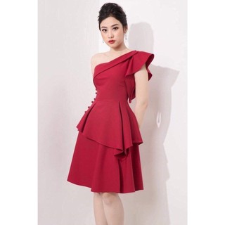 Đầm Xòe Dự Tiệc Lệch Vai Phối Nút Eo BY8115