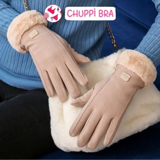 Găng tay giữ nhiệt màn hình cảm ứng da lộn Găng tay nữ mùa đông nhiều màu lông vũ sang trong quý phái