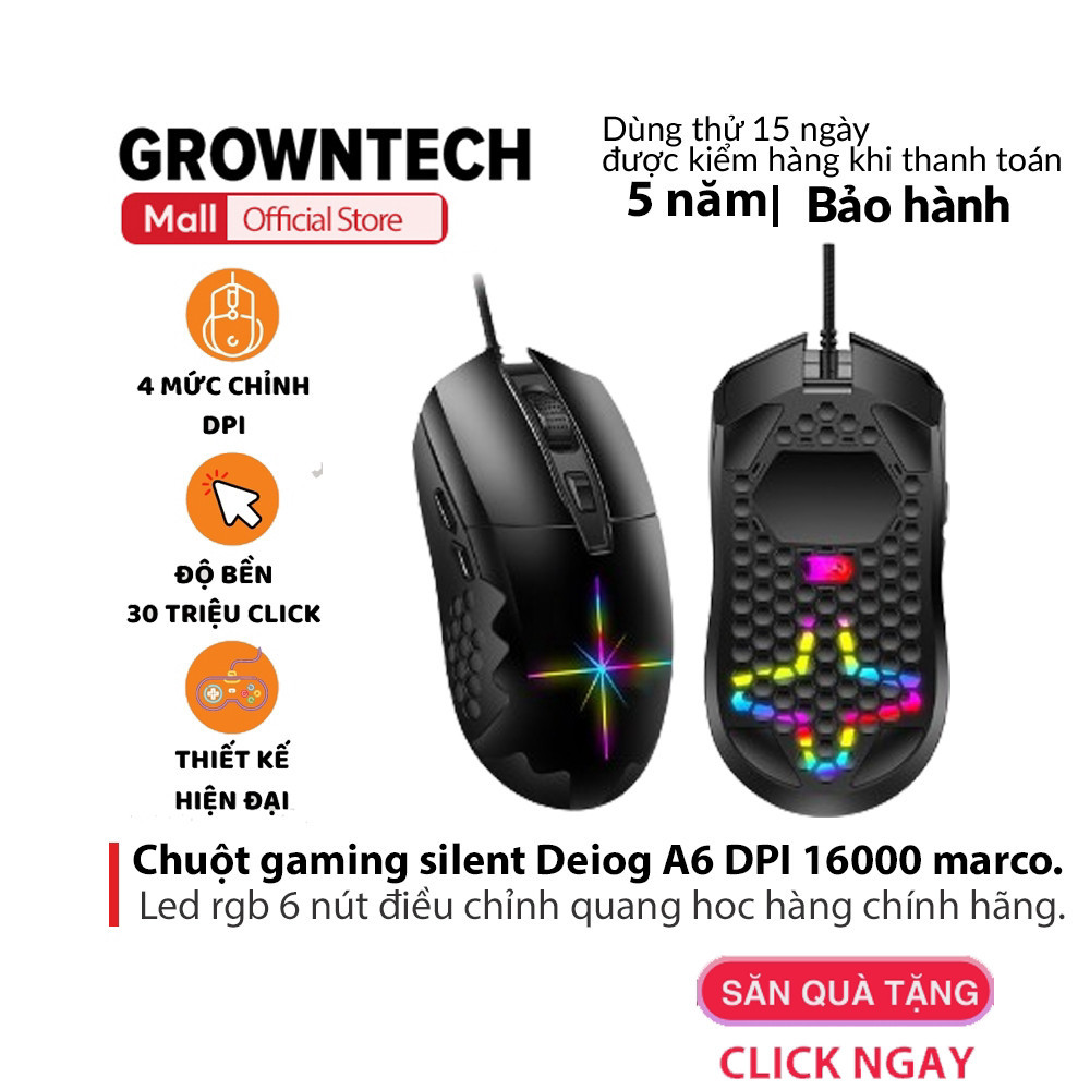Chuột gaming silent Deiog A6 DPI 16000 app marco led rgb 6 nút điều chỉnh quang học