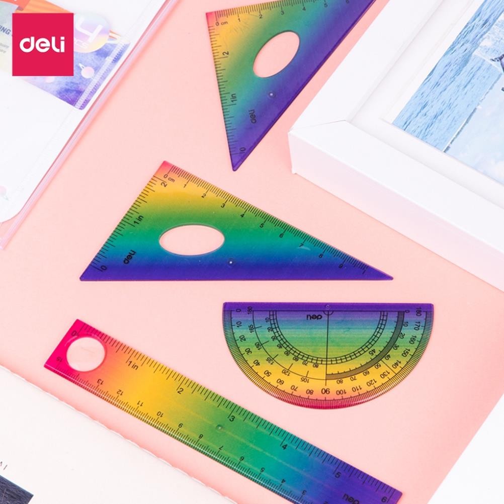 Bộ 4 dụng cụ eke nhiều màu học sinh Deli - 1 bộ eke thước kẻ đo góc tam giác vuông - Nhựa PVC-EH652