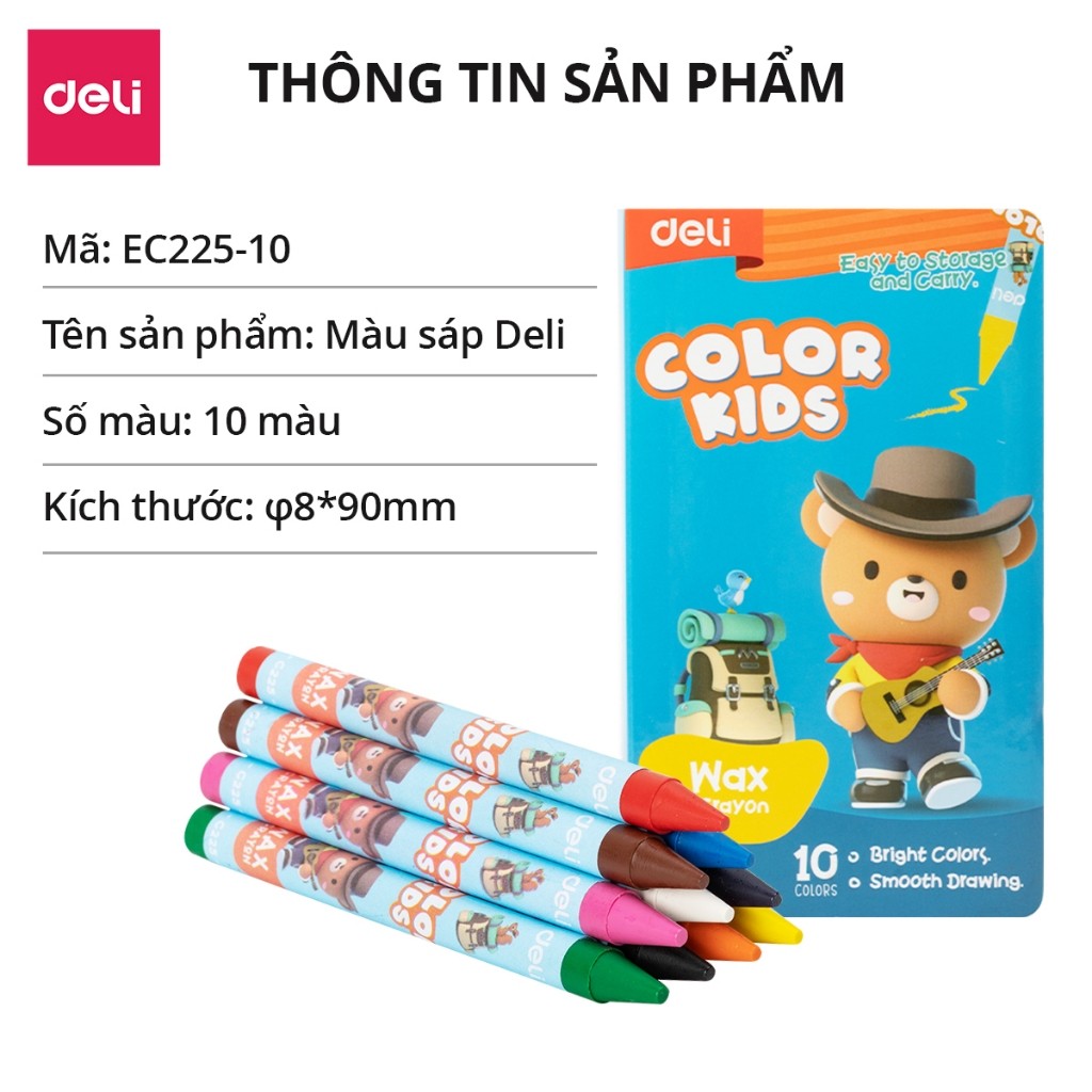 [COMBO 3/1] Bút sáp màu Colorkids Deli - Hộp màu sáp học sinh 10 màu, tăng kích thước bút, không độc