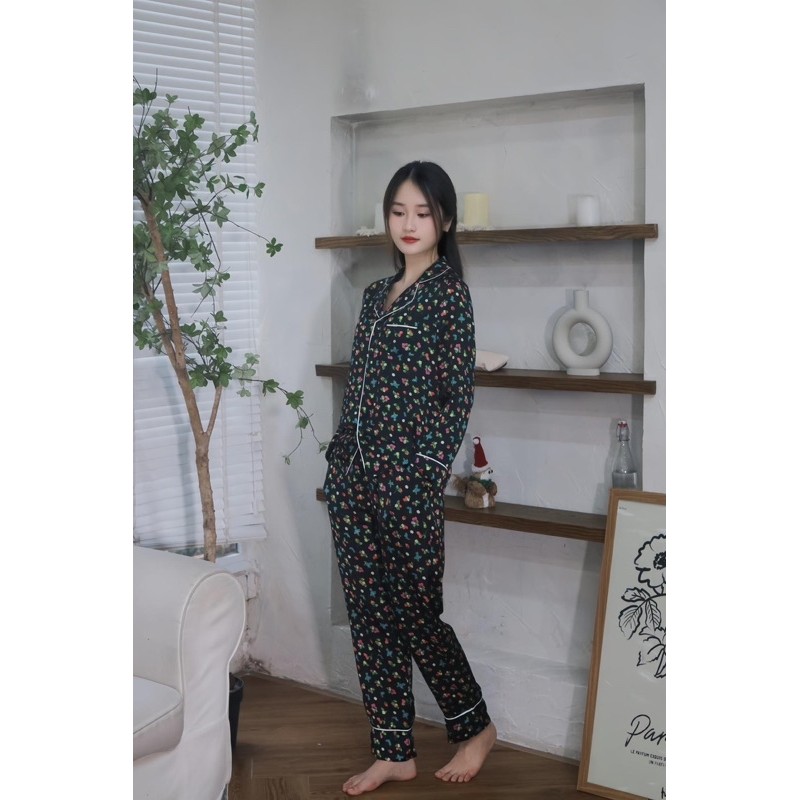 Bộ Ngủ Pajamas Nữ Lụa Cao Cấp Áo Tay Dài Quần Dài, Bộ Mặc Nhà Nữ Thu Đông Lụa Dài Tay WABI SABI