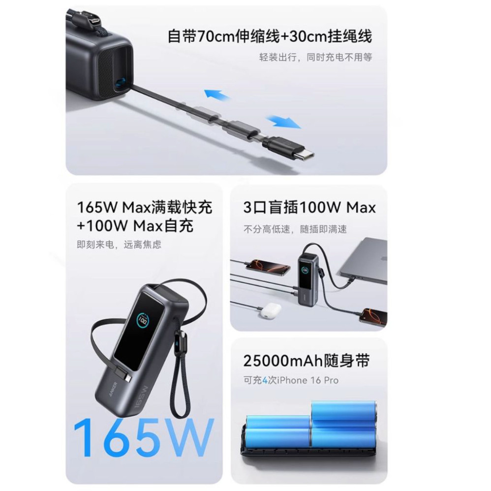 Sạc Dự Phòng Anker Zolo 25000mAh 165W Tích Hợp Cáp Rút Gọn A1695 - Bảo Hành 18 Tháng | BigBuy360 - bigbuy360.vn