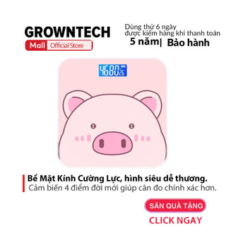  Cân điện tử sức khỏe GrownTech mặt kính độ chính xác cao chịu lực 180 kí heo lợn hồng tặng kèm pin 